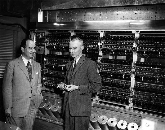 Oppenheimer and von Neumann in front of the MANIAC